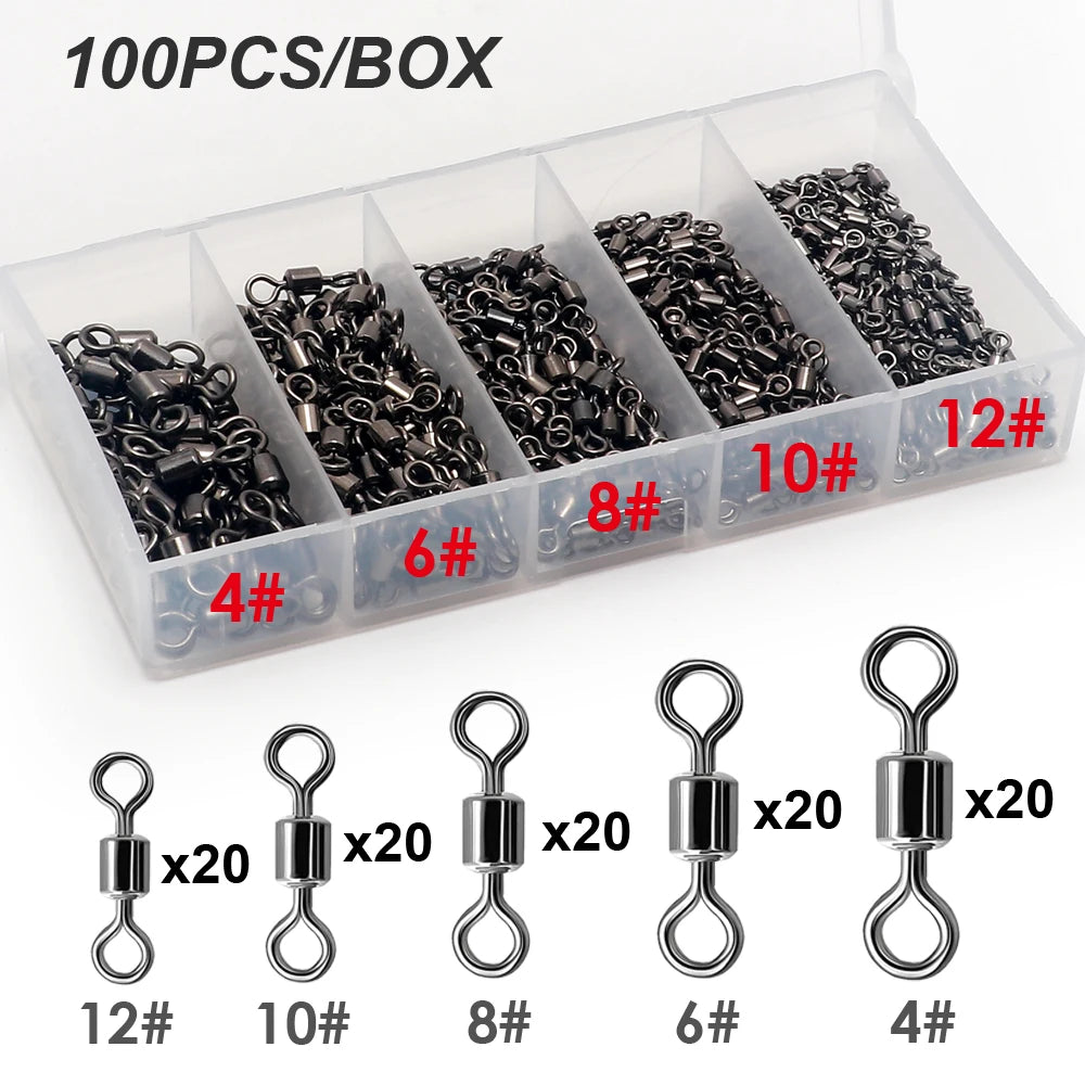 100PCS Stainless Steel Fishing Swivel Bearing Rolling Connector Saltwater Freshwater Rotate Tackle Box Lure Line Fishing Tools