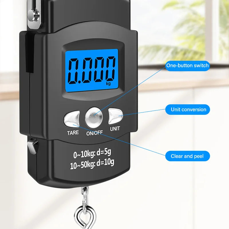 50kg/10g Portable LCD Electronic Hand Scale Travel Hanging Scale with 100cm Long Retractable Measuring Tape