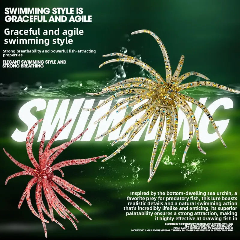 1-2PCS 5cm1.9gLure Floating Sea Urchin Soft Bait Bionic Soft WormTPELure Bait for Sea Fishing, Black Pit Wild Fishing, Water Bla