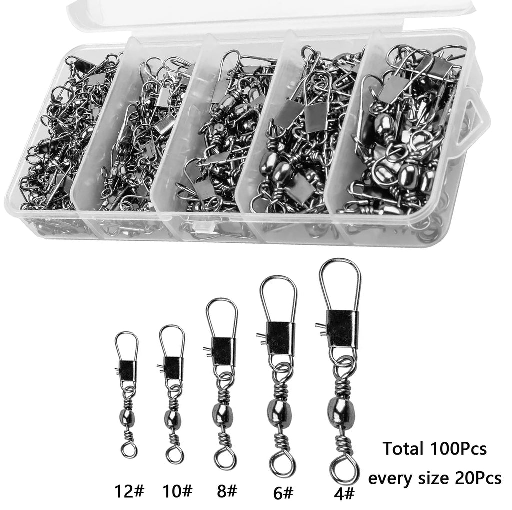 100Pcs/Lot 4#6#8#10#12# Swivels Mix Fishing Connector Snap Pin Rolling Lure Swivel Hook Carabiner Connectors Tackle Accessories
