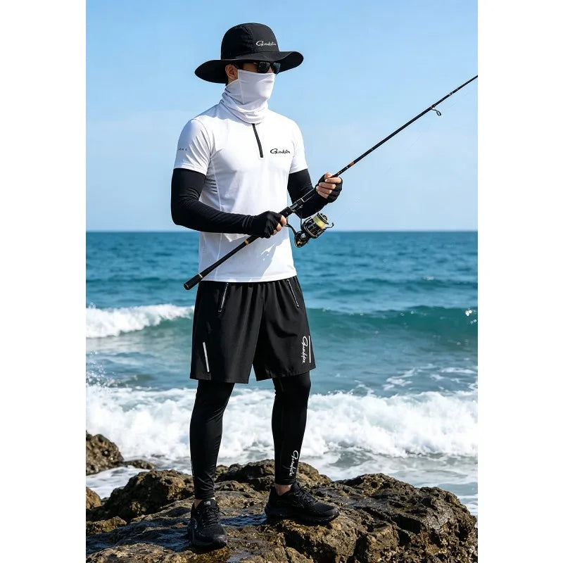 Summer Men Fishing Suit 4pcs Set Ice Silk Breathable Short Sleeve Fishing T Shirt Quick Drying Sun Protection Lure Clothing 6pcs