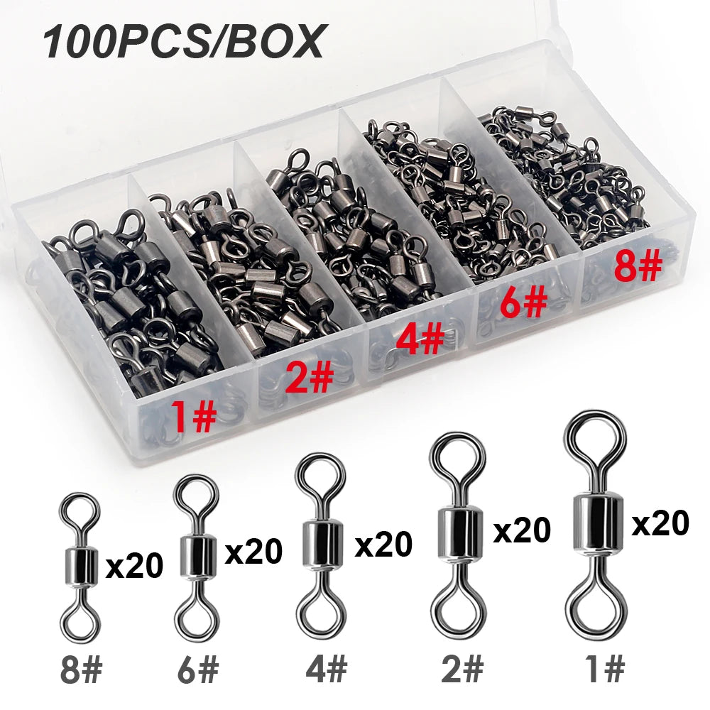 100PCS Stainless Steel Fishing Swivel Bearing Rolling Connector Saltwater Freshwater Rotate Tackle Box Lure Line Fishing Tools