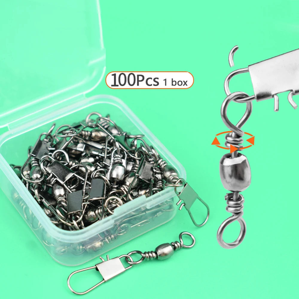 100Pcs/Lot 4#6#8#10#12# Swivels Mix Fishing Connector Snap Pin Rolling Lure Swivel Hook Carabiner Connectors Tackle Accessories