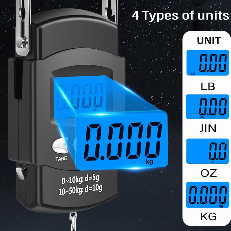 50kg/10g Portable LCD Electronic Hand Scale Travel Hanging Scale with 100cm Long Retractable Measuring Tape