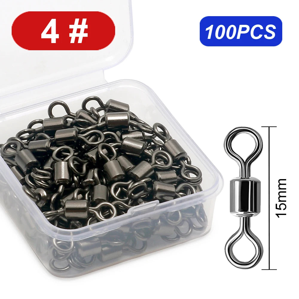 100PCS Stainless Steel Fishing Swivel Bearing Rolling Connector Saltwater Freshwater Rotate Tackle Box Lure Line Fishing Tools