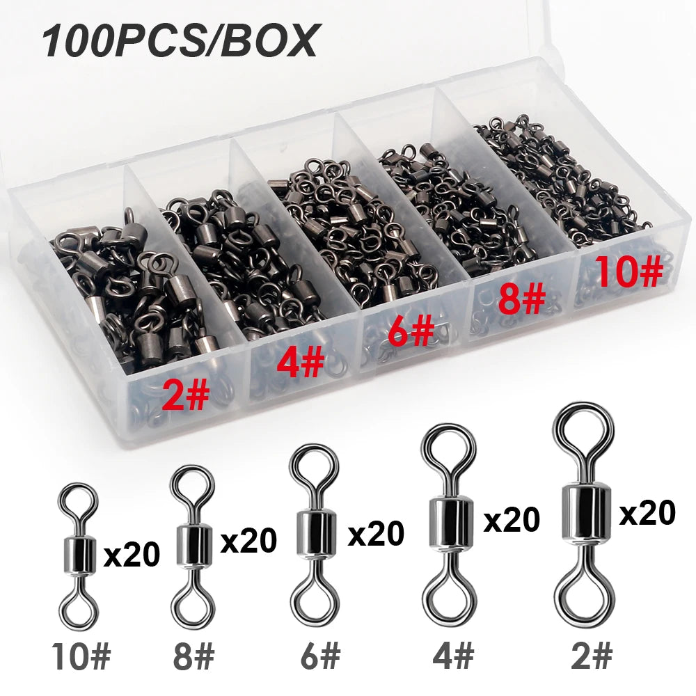 100PCS Stainless Steel Fishing Swivel Bearing Rolling Connector Saltwater Freshwater Rotate Tackle Box Lure Line Fishing Tools