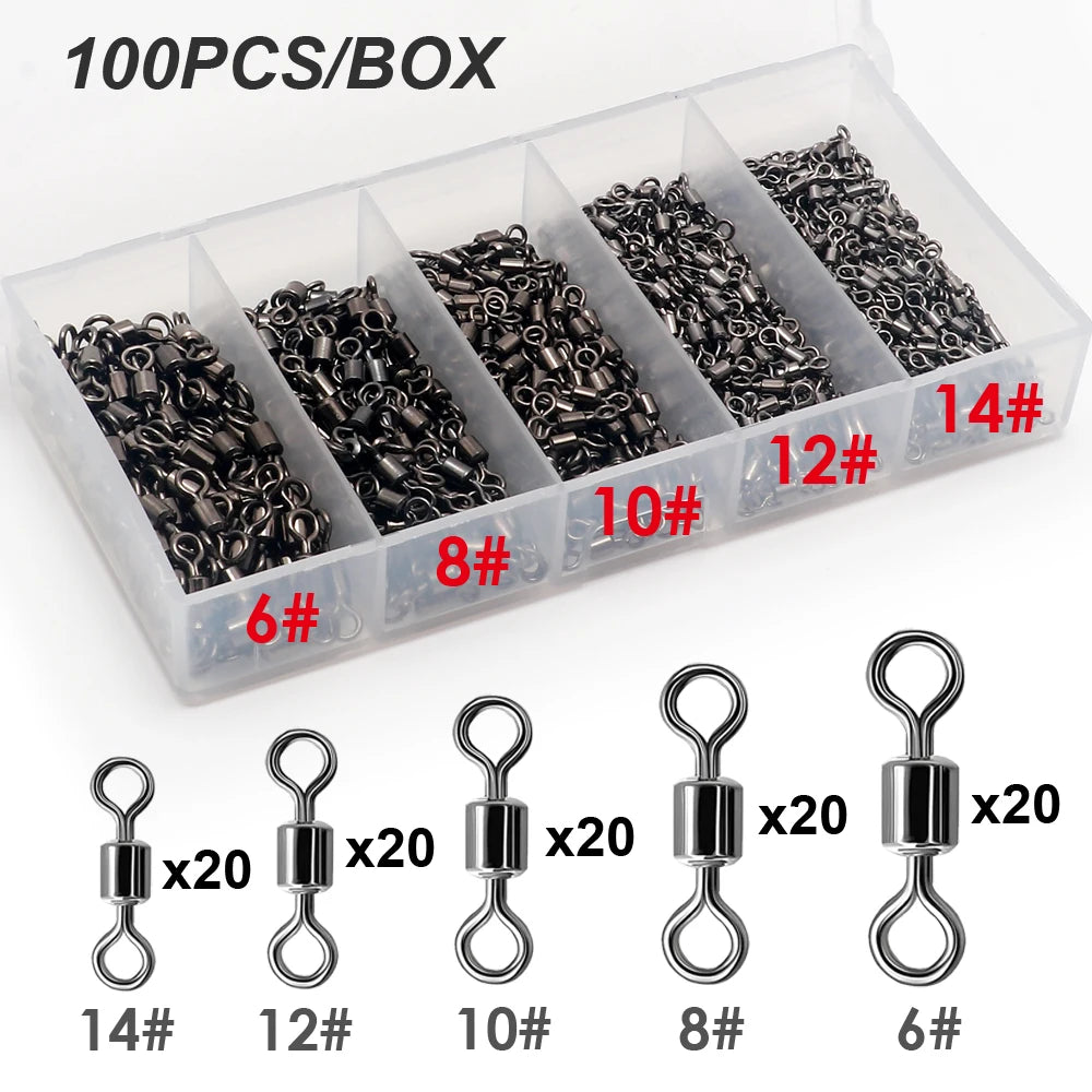 100PCS Stainless Steel Fishing Swivel Bearing Rolling Connector Saltwater Freshwater Rotate Tackle Box Lure Line Fishing Tools