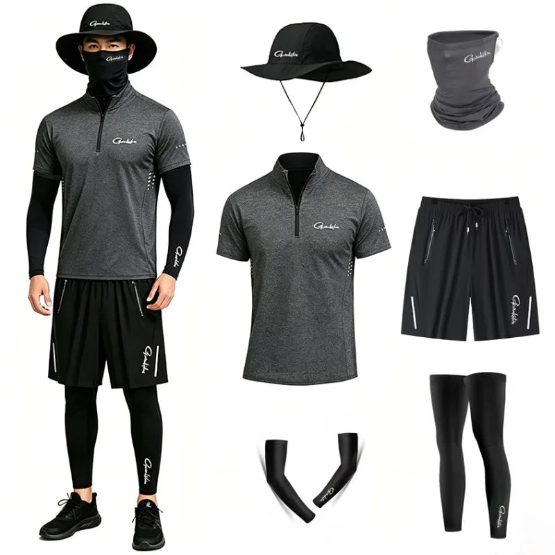 Summer Men Fishing Suit 4pcs Set Ice Silk Breathable Short Sleeve Fishing T Shirt Quick Drying Sun Protection Lure Clothing 6pcs