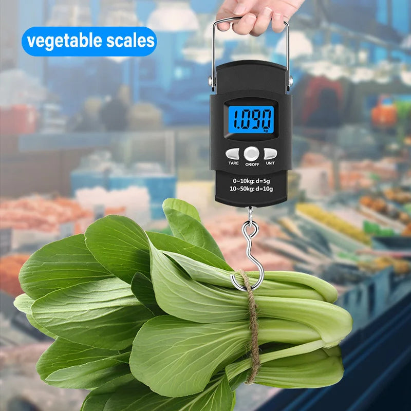 50kg/10g Portable LCD Electronic Hand Scale Travel Hanging Scale with 100cm Long Retractable Measuring Tape