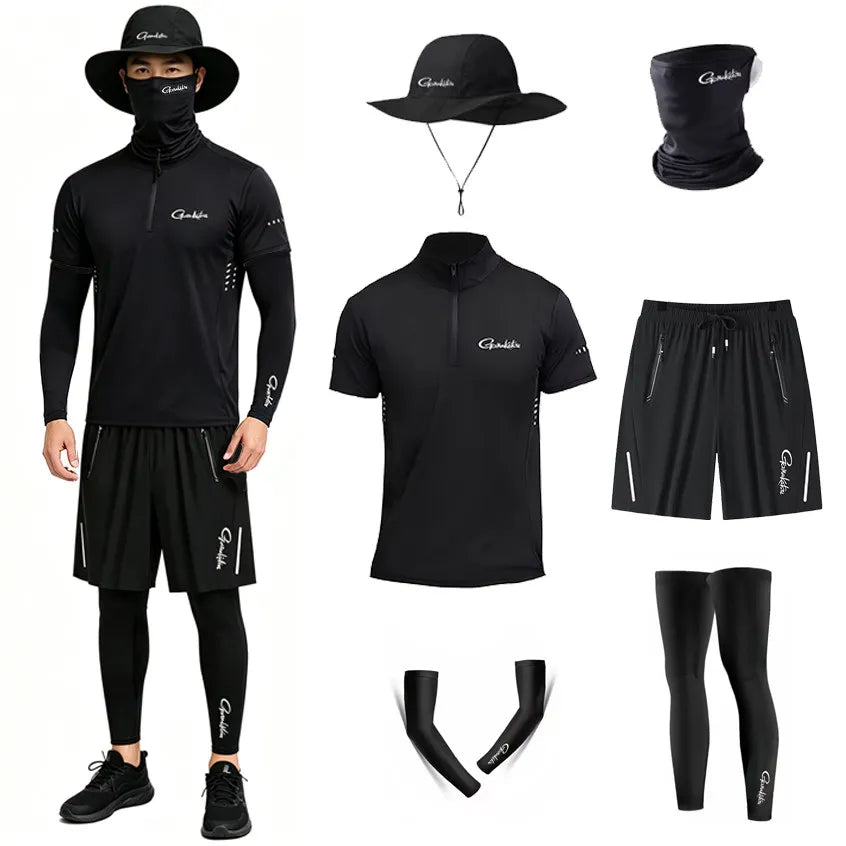 Summer Men Fishing Suit 4pcs Set Ice Silk Breathable Short Sleeve Fishing T Shirt Quick Drying Sun Protection Lure Clothing 6pcs